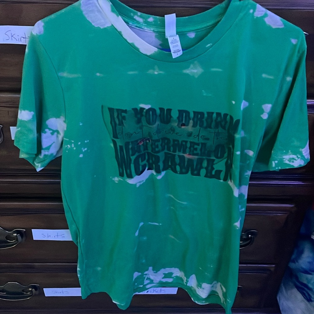 Size large green mostly in a little bit of white bleached watermelon  T-shirt